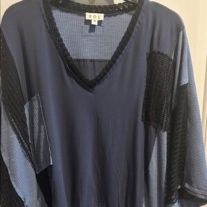 POL Women's Navy and Black Patchwork Blouse. Size Small NWOT